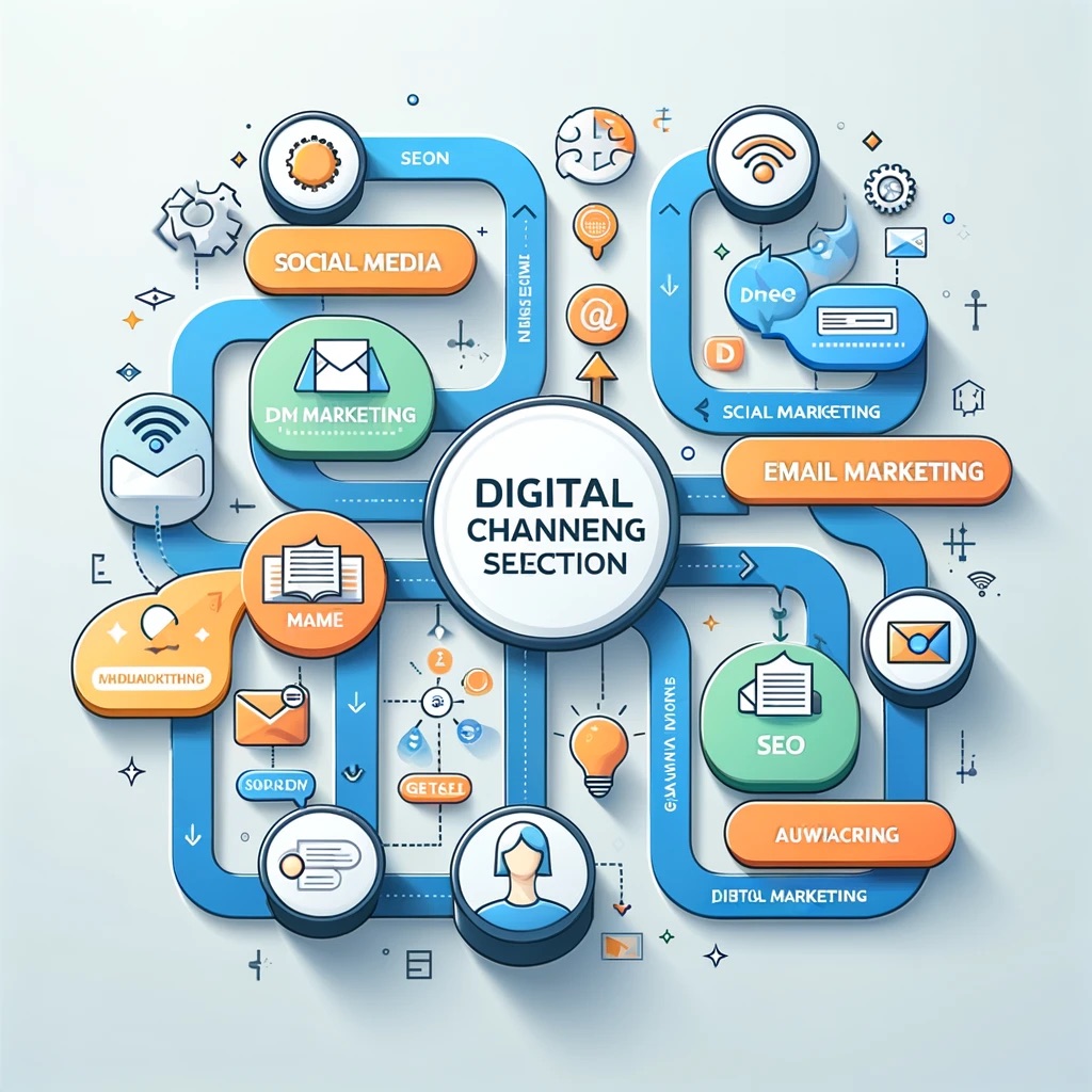 Flowchart guiding the selection of optimal digital marketing channels, including social media, SEO, and email marketing, tailored for effective online audience engagement.