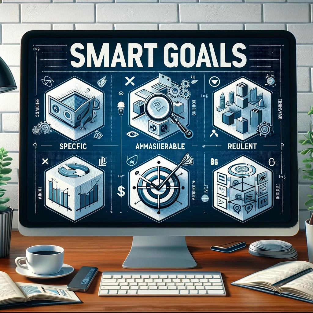 Chart illustrating SMART goals in digital marketing, focusing on setting specific, measurable, achievable, relevant, and time-bound objectives for online campaigns.