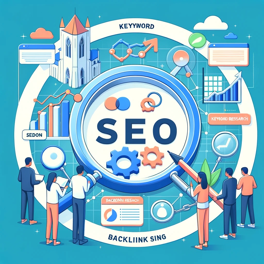 Illustration outlining crucial SEO tactics for digital marketing, featuring keyword optimization, backlink strategy, and on-page SEO elements for improved search rankings.